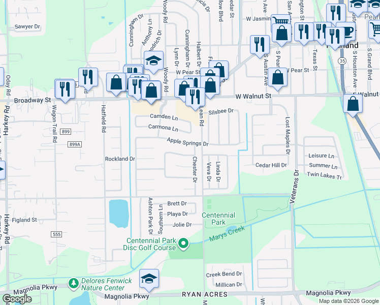 map of restaurants, bars, coffee shops, grocery stores, and more near 5012 Apple Springs Drive in Pearland