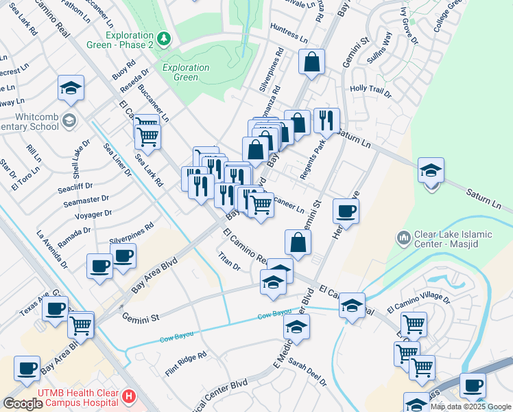 map of restaurants, bars, coffee shops, grocery stores, and more near 1050 Bay Area Blvd in Houston