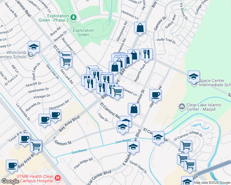 map of restaurants, bars, coffee shops, grocery stores, and more near 1050 Bay Area Boulevard in Houston
