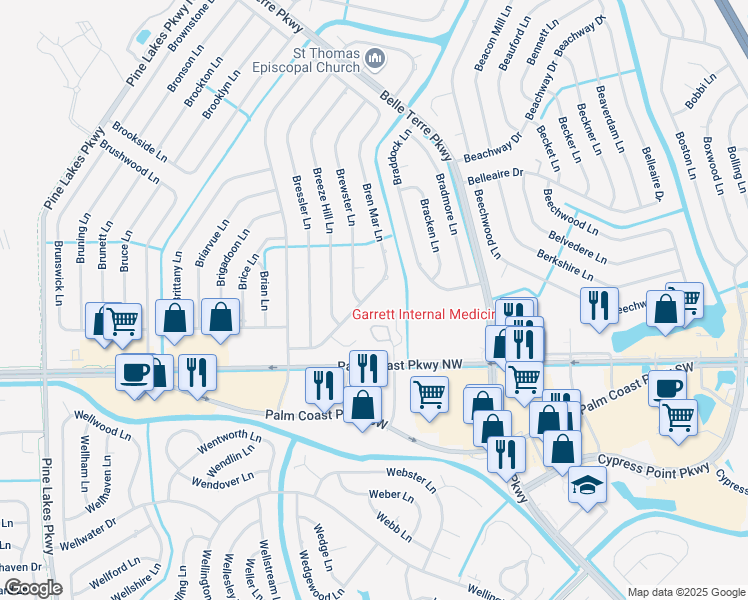 map of restaurants, bars, coffee shops, grocery stores, and more near 64 Bren Mar Lane in Palm Coast