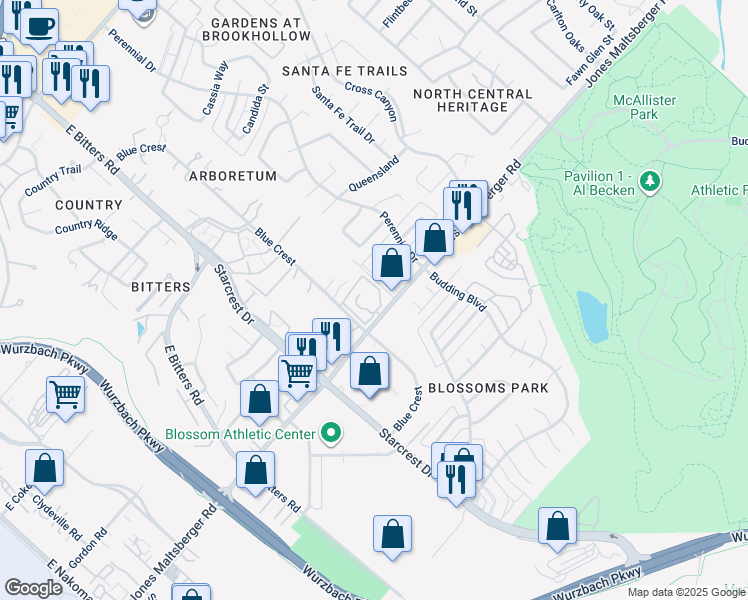 map of restaurants, bars, coffee shops, grocery stores, and more near 12511 Jones Maltsberger Road in San Antonio