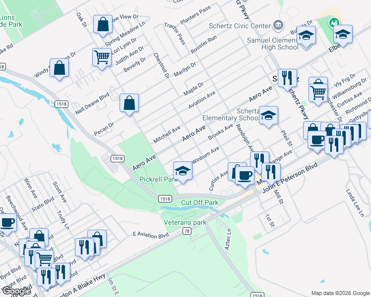 map of restaurants, bars, coffee shops, grocery stores, and more near 315 Brooks Avenue in Schertz