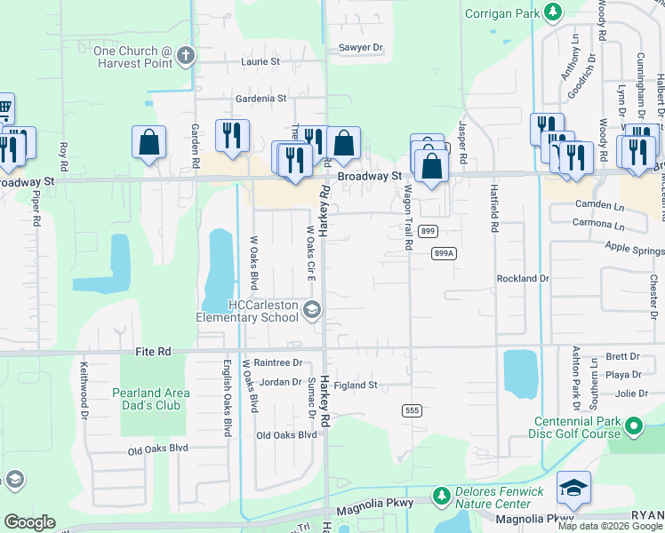 map of restaurants, bars, coffee shops, grocery stores, and more near 2821 Harkey Road in Pearland