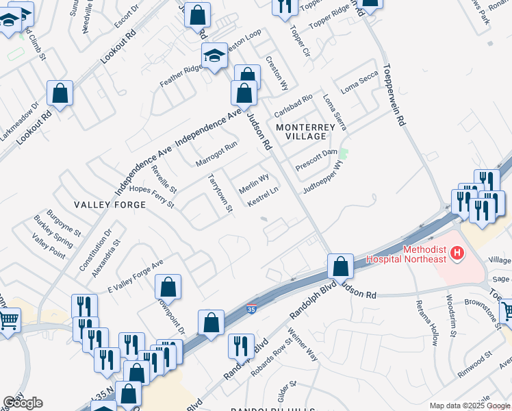 map of restaurants, bars, coffee shops, grocery stores, and more near 6419 Kestrel Lane in San Antonio