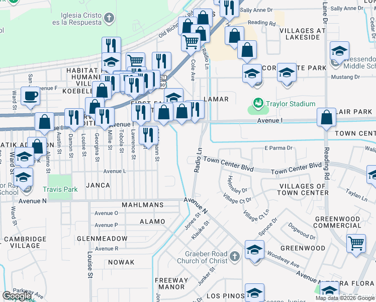 map of restaurants, bars, coffee shops, grocery stores, and more near 1220 Radio Lane in Rosenberg