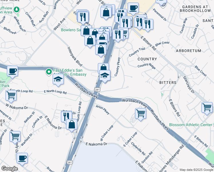 map of restaurants, bars, coffee shops, grocery stores, and more near 12500 San Pedro Avenue in San Antonio