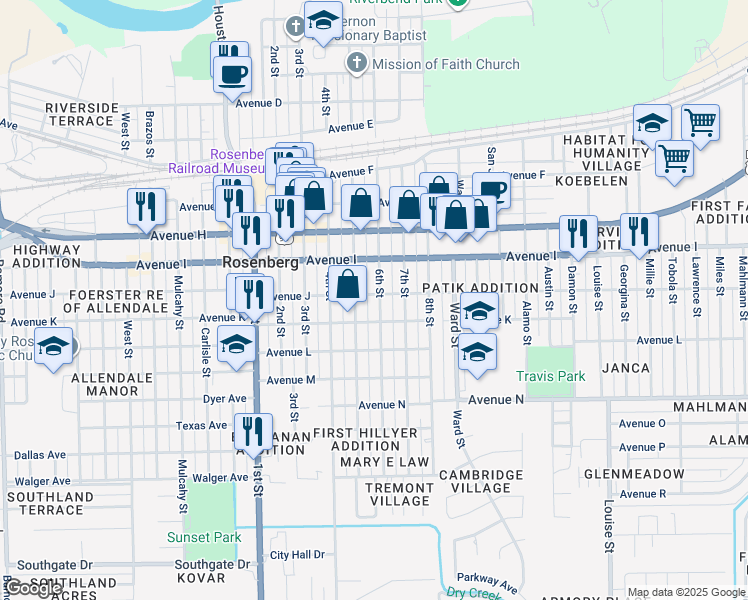 map of restaurants, bars, coffee shops, grocery stores, and more near 1200 6th Street in Rosenberg