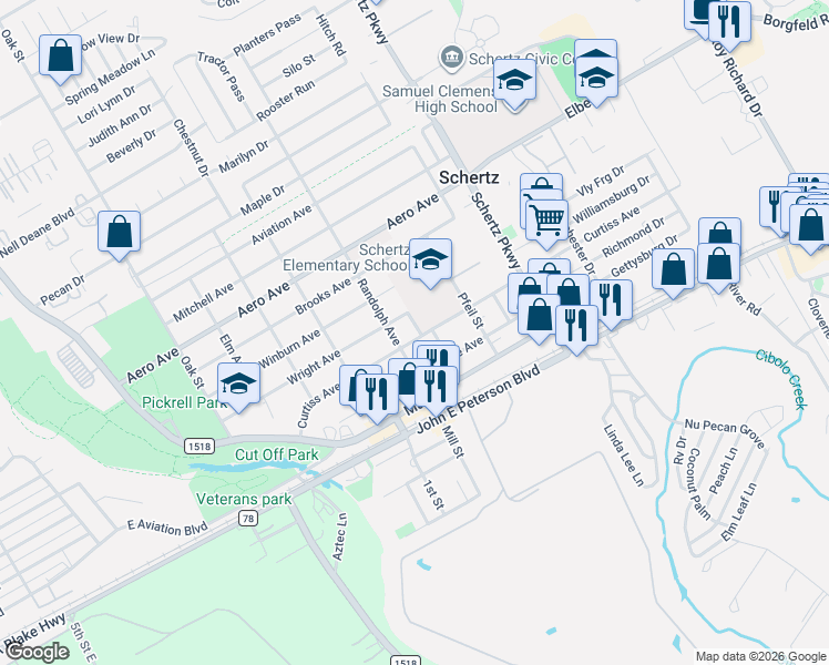 map of restaurants, bars, coffee shops, grocery stores, and more near 609 Curtiss Avenue in Schertz