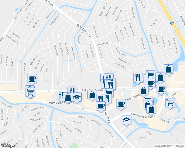 map of restaurants, bars, coffee shops, grocery stores, and more near 17 Braddock Lane in Palm Coast