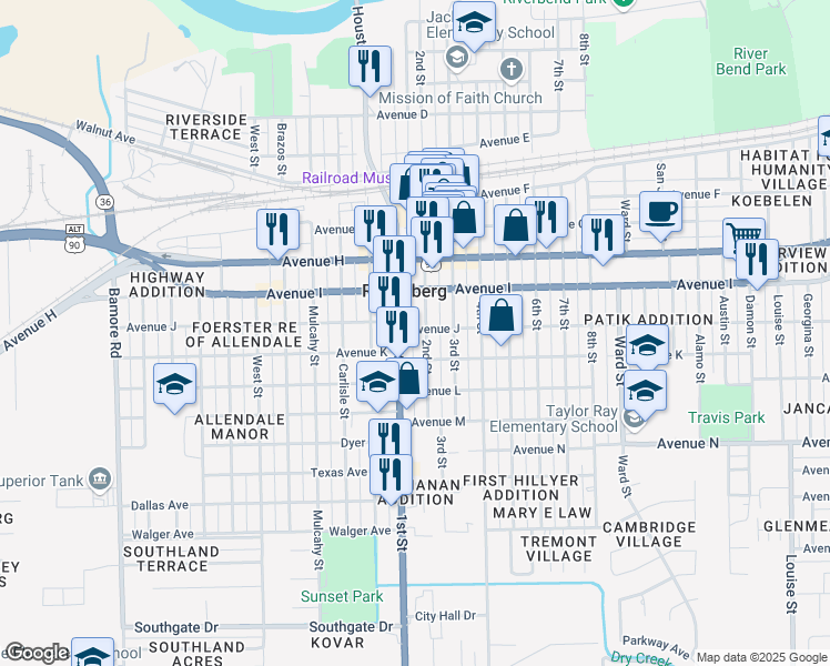 map of restaurants, bars, coffee shops, grocery stores, and more near 1808 Avenue J in Rosenberg