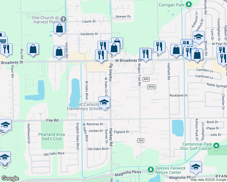 map of restaurants, bars, coffee shops, grocery stores, and more near 2725 West Oaks Circle East in Pearland