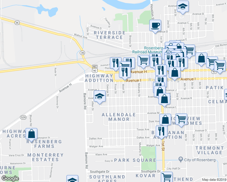 map of restaurants, bars, coffee shops, grocery stores, and more near 1200 Frost Street in Rosenberg