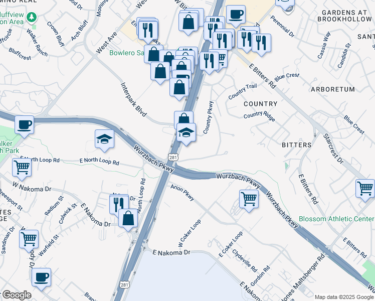 map of restaurants, bars, coffee shops, grocery stores, and more near 12500 US Highway 281 in San Antonio