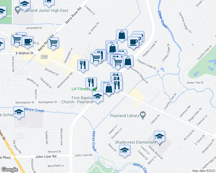 map of restaurants, bars, coffee shops, grocery stores, and more near Pearland Pkwy & E Broadway St in Pearland