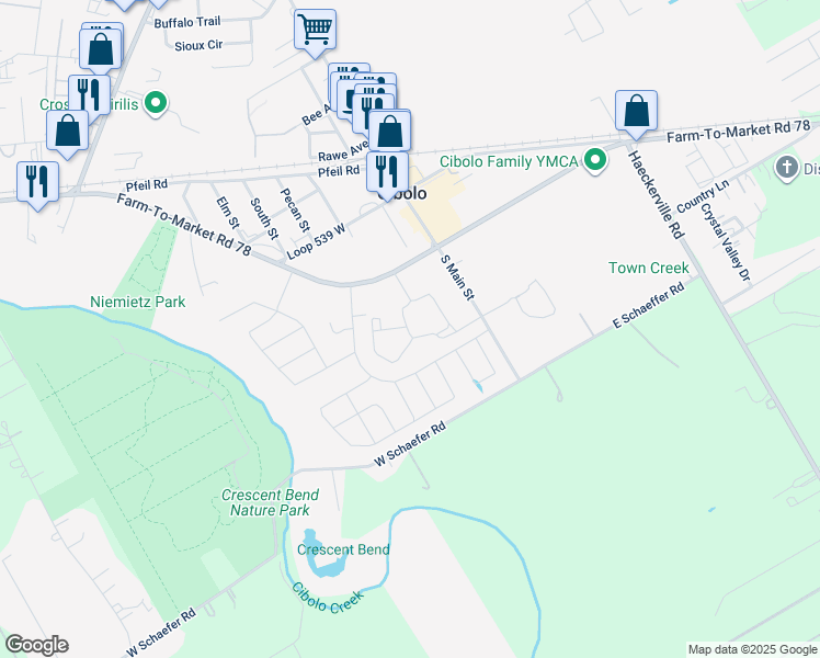 map of restaurants, bars, coffee shops, grocery stores, and more near 140 Red River in Cibolo