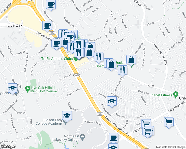 map of restaurants, bars, coffee shops, grocery stores, and more near 165 Palisades Drive in Universal City