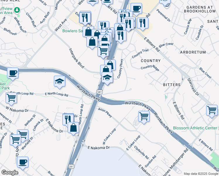 map of restaurants, bars, coffee shops, grocery stores, and more near 12500 US Highway 281 in San Antonio