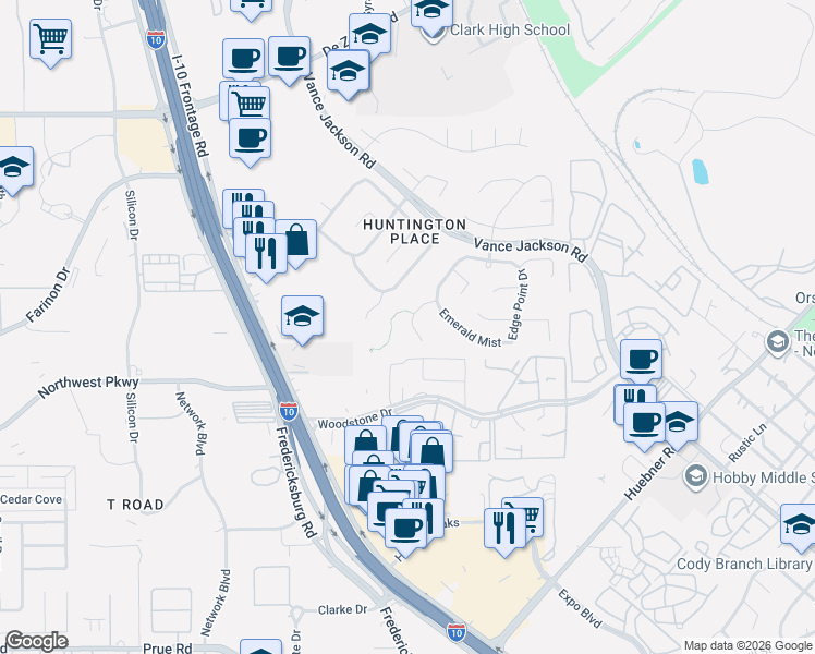 map of restaurants, bars, coffee shops, grocery stores, and more near 2114 Domal Lane in San Antonio