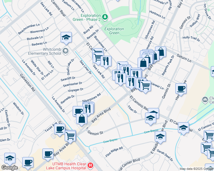 map of restaurants, bars, coffee shops, grocery stores, and more near 16602 Sea Lark Road in Houston