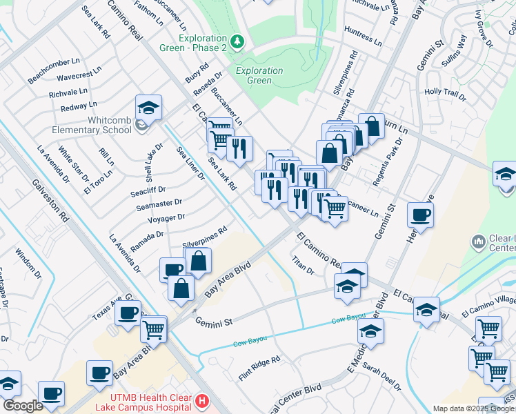 map of restaurants, bars, coffee shops, grocery stores, and more near 16615 Sea Lark Road in Houston