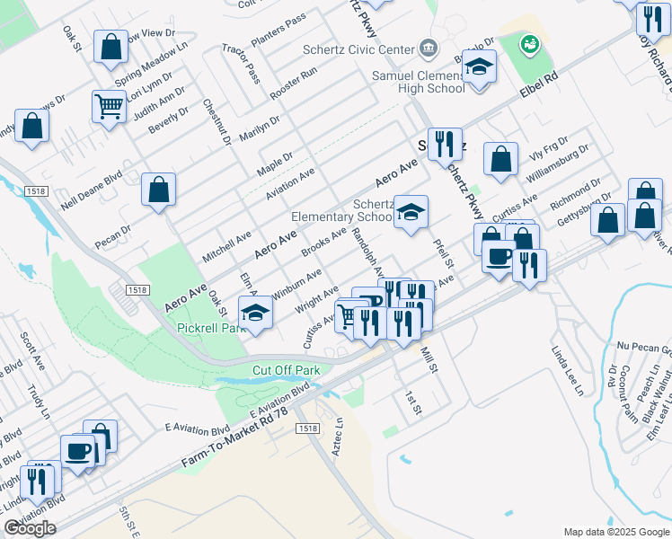 map of restaurants, bars, coffee shops, grocery stores, and more near 500 Winburn Avenue in Schertz