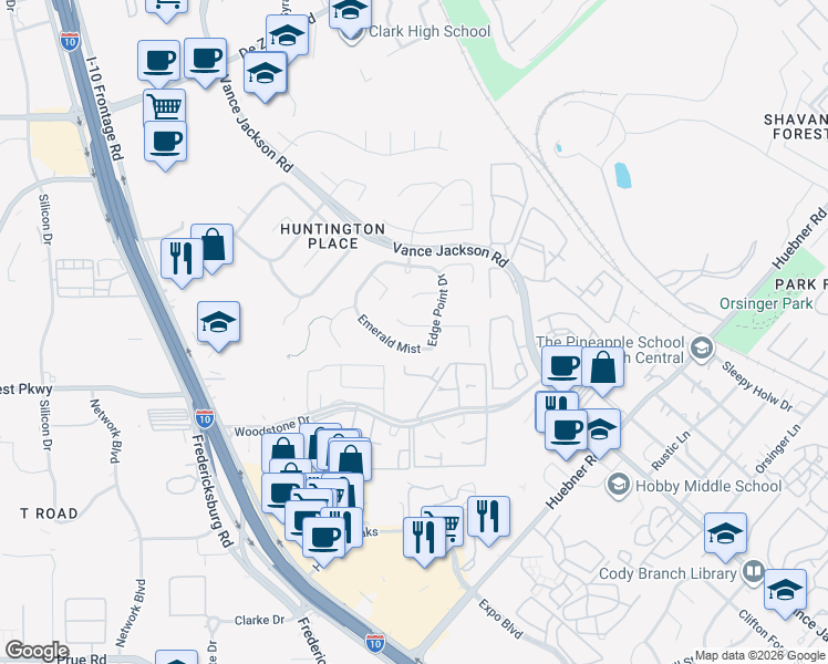 map of restaurants, bars, coffee shops, grocery stores, and more near 1915 Enero Park in San Antonio