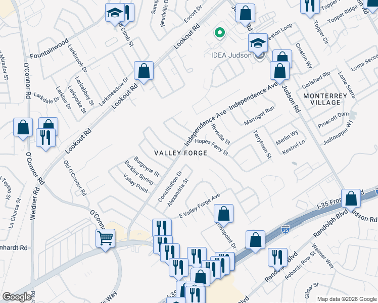 map of restaurants, bars, coffee shops, grocery stores, and more near 6027 Little Brandywine Creek in San Antonio