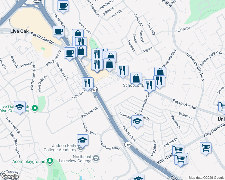 map of restaurants, bars, coffee shops, grocery stores, and more near 165 Palisades Drive in Universal City