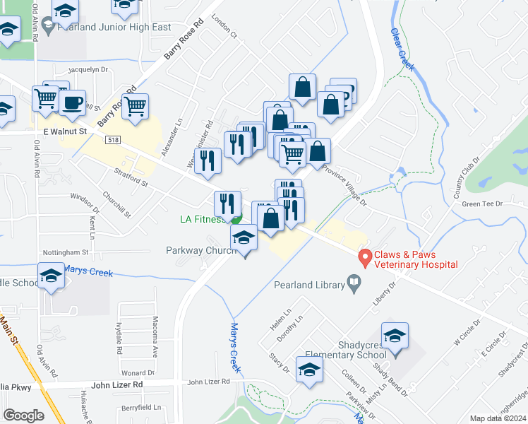 map of restaurants, bars, coffee shops, grocery stores, and more near in Pearland
