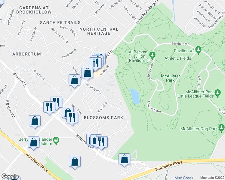map of restaurants, bars, coffee shops, grocery stores, and more near 12251 Lemon Blossom in San Antonio
