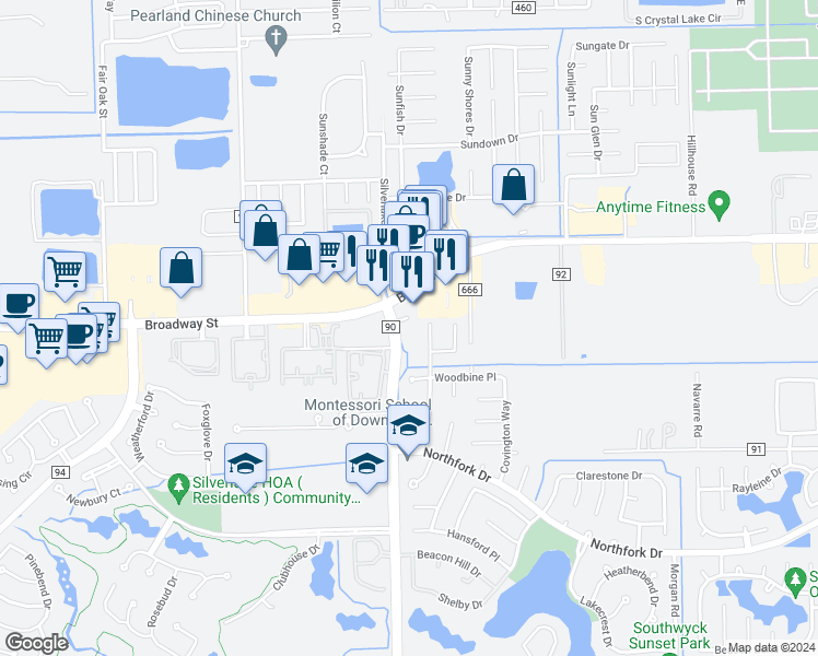 map of restaurants, bars, coffee shops, grocery stores, and more near 2225 County Road 90 in Pearland