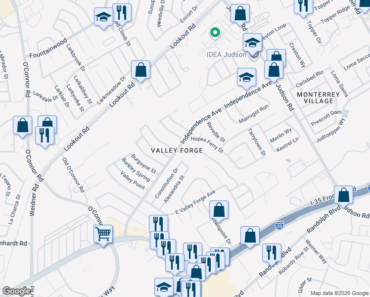map of restaurants, bars, coffee shops, grocery stores, and more near 6027 Little Brandywine Creek in San Antonio