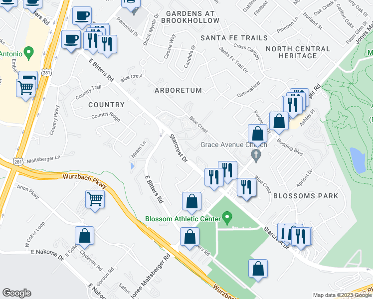map of restaurants, bars, coffee shops, grocery stores, and more near 12446 Starcrest Drive in San Antonio