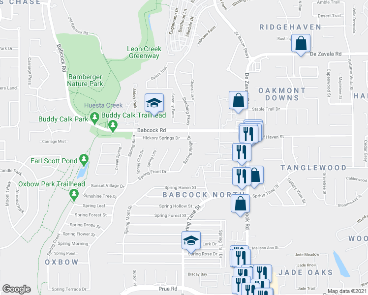 map of restaurants, bars, coffee shops, grocery stores, and more near 11782 Spring Song Drive in San Antonio