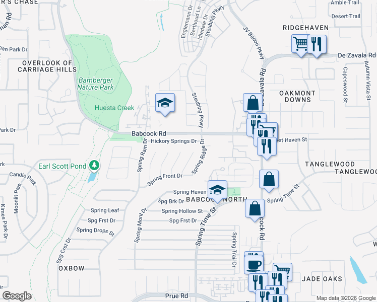 map of restaurants, bars, coffee shops, grocery stores, and more near 11782 Spring Song Drive in San Antonio