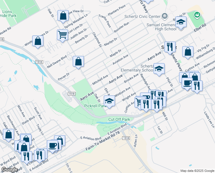 map of restaurants, bars, coffee shops, grocery stores, and more near 300 Aero Avenue in Schertz