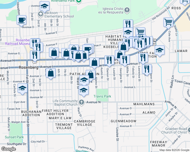 map of restaurants, bars, coffee shops, grocery stores, and more near 2814 Avenue J in Rosenberg