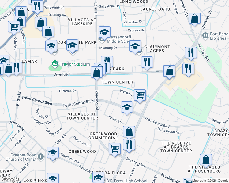 map of restaurants, bars, coffee shops, grocery stores, and more near 1201 Divin Drive in Rosenberg
