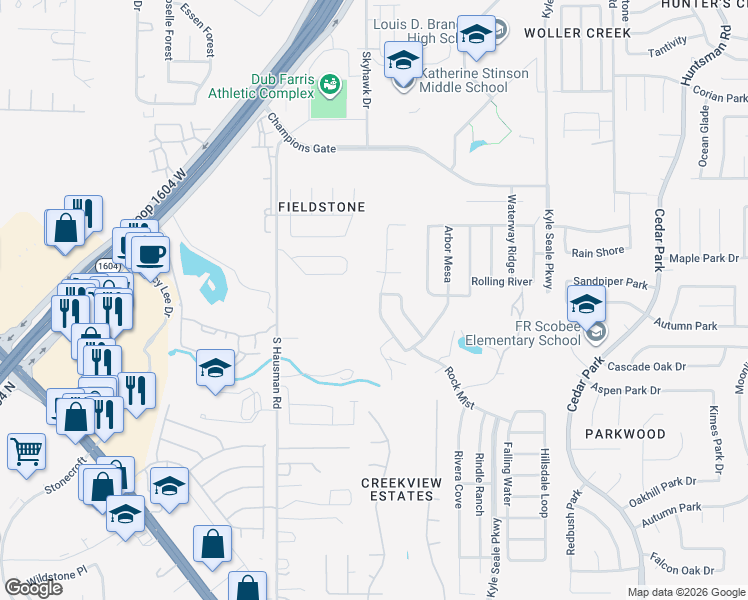 map of restaurants, bars, coffee shops, grocery stores, and more near 11931 Ranchwell Cove in San Antonio