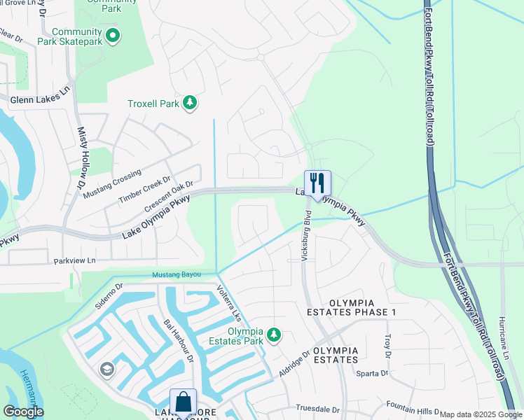 map of restaurants, bars, coffee shops, grocery stores, and more near 2111 Bronze Bay Drive in Missouri City