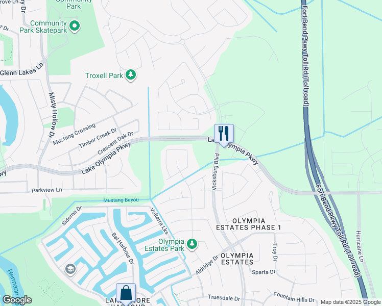 map of restaurants, bars, coffee shops, grocery stores, and more near 2111 Bronze Bay Drive in Missouri City