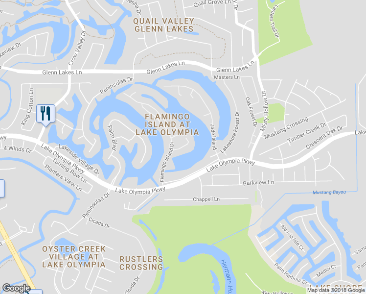 map of restaurants, bars, coffee shops, grocery stores, and more near Flamingo Landing Drive in Missouri City