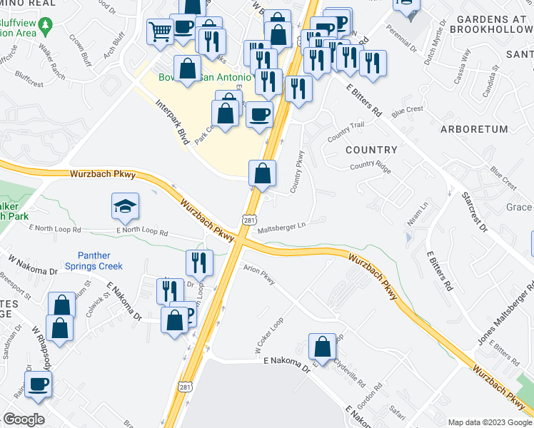 map of restaurants, bars, coffee shops, grocery stores, and more near 12500 San Pedro Avenue in San Antonio