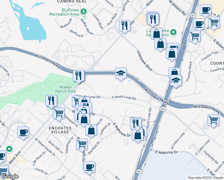 map of restaurants, bars, coffee shops, grocery stores, and more near 109 Northeast Loop 410 in San Antonio