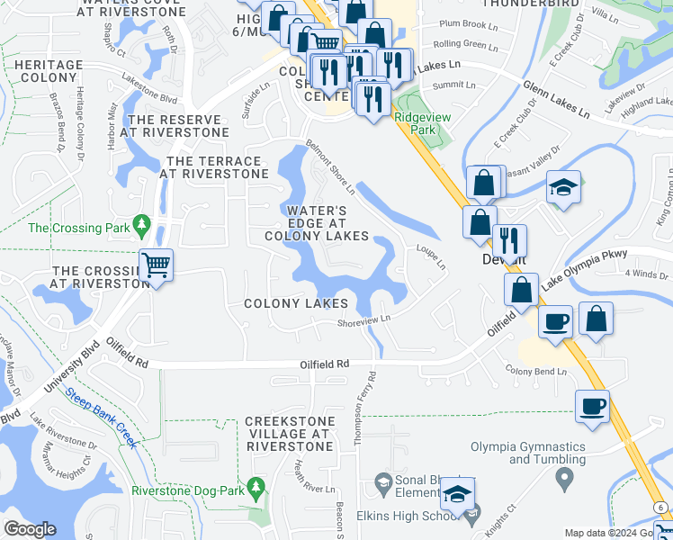 map of restaurants, bars, coffee shops, grocery stores, and more near 6806 Portuguese Bend Drive in Missouri City