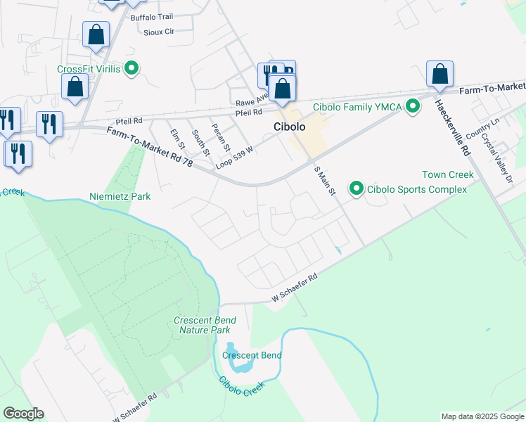 map of restaurants, bars, coffee shops, grocery stores, and more near 140 Red River in Cibolo