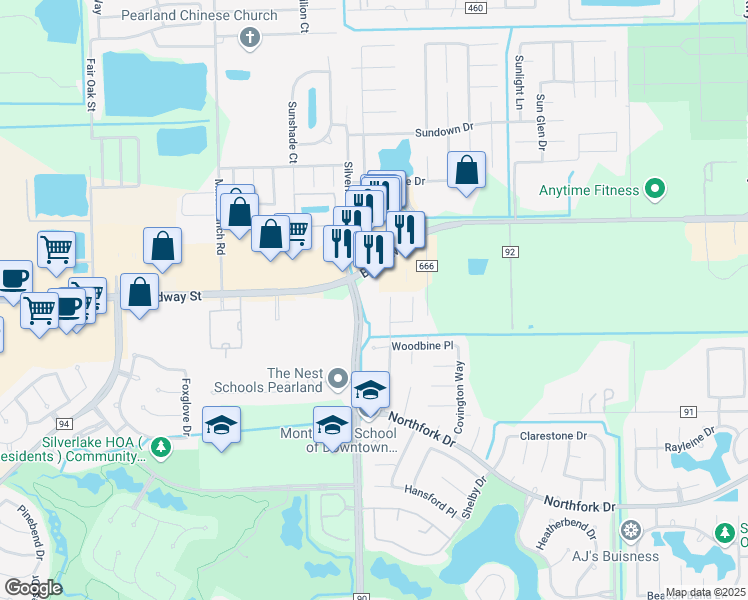map of restaurants, bars, coffee shops, grocery stores, and more near 2225 County Road 90 in Pearland