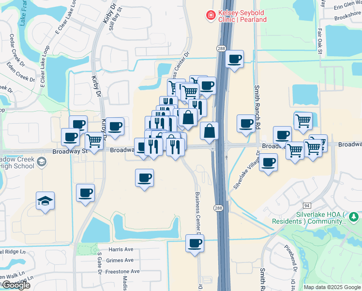 map of restaurants, bars, coffee shops, grocery stores, and more near 11091 Broadway street in Pearland