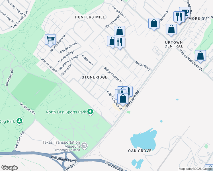 map of restaurants, bars, coffee shops, grocery stores, and more near 12211 Ridge Court Street in San Antonio