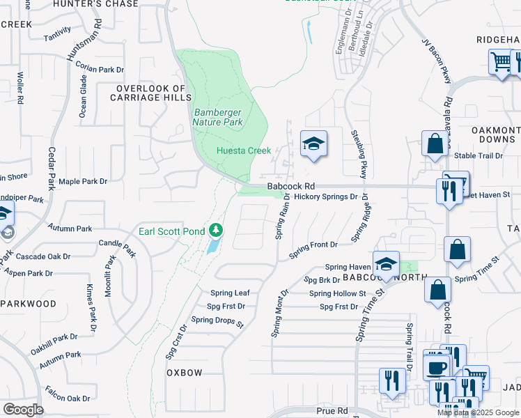 map of restaurants, bars, coffee shops, grocery stores, and more near 6830 Maple Spring in San Antonio
